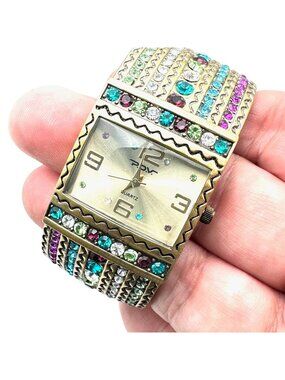 POV Womens Watch Multi Crystal Bronze Tone Hinged Bangle Bracelet NIB